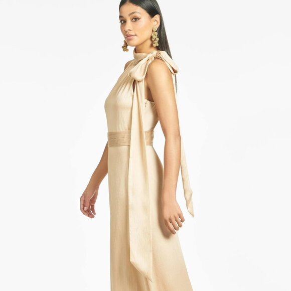 SACHIN & BABI Kayla Gown Tie Neck Crinkle Maxi Dress Champagne 8 MSRP $300 - Picture 3 of 12